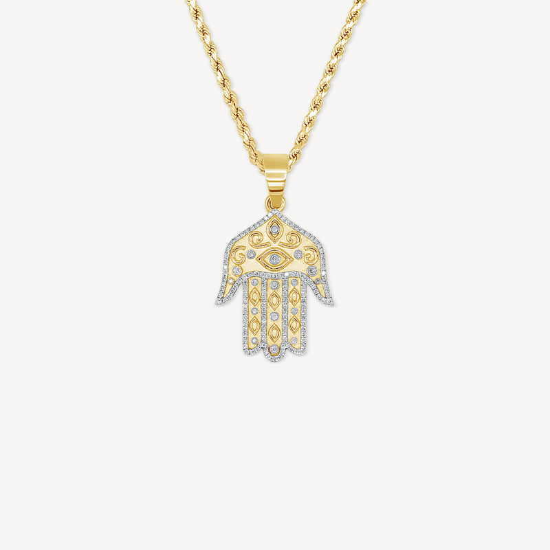 Gold Presidents 10K Gold Pendant 10k Yellow Gold / 18" Gold 2mm Rope Chain 10k Diamond Hamsa Hand Necklace
