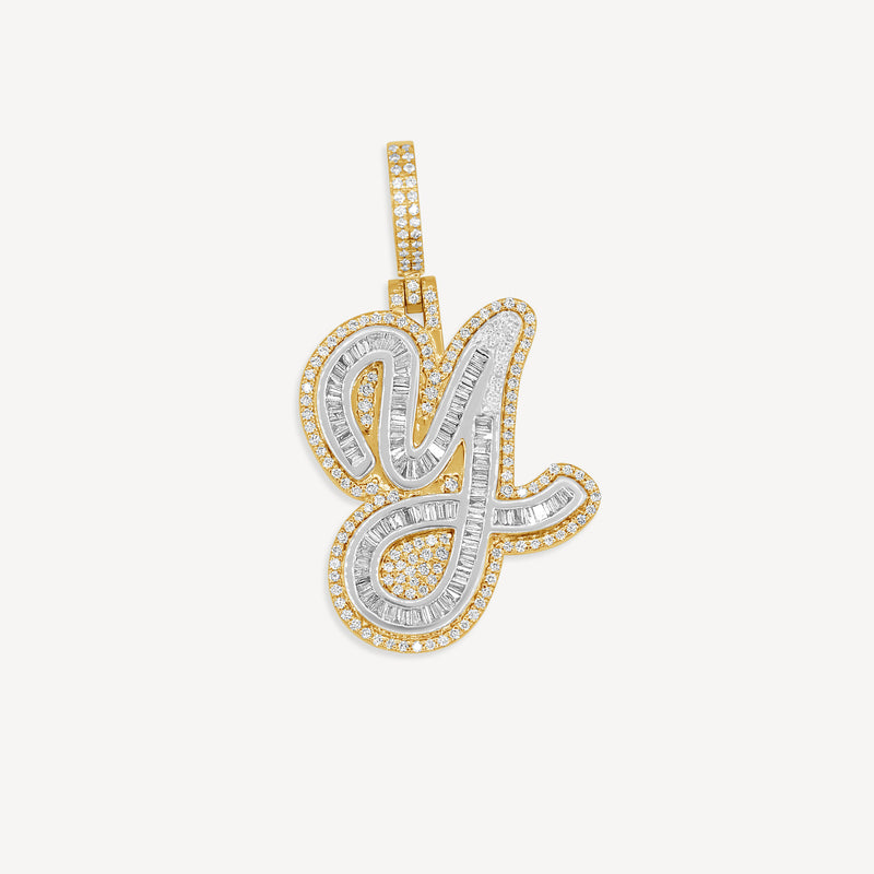 Gold Presidents 10K Gold Pendant A / 10k Yellow Gold 10k Gold Single Cursive Baguette Diamond Initial Letter