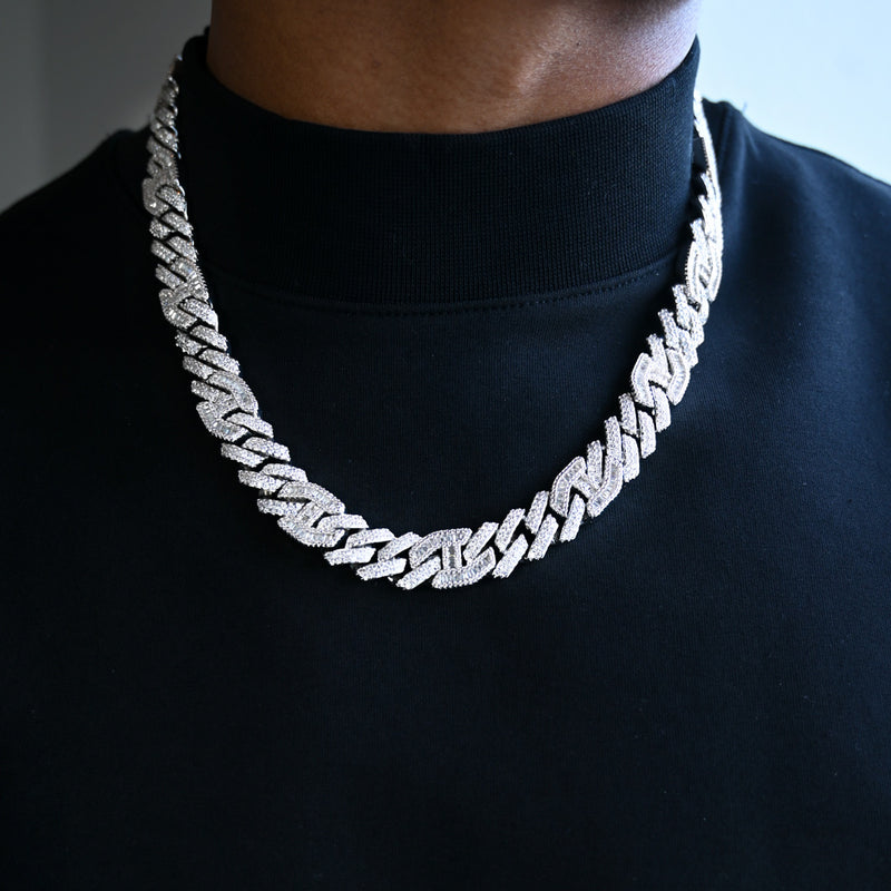 Gold Presidents Baguette Cuban Link Chain White Gold / 18" Diamond Prong Baguette Curb Chain