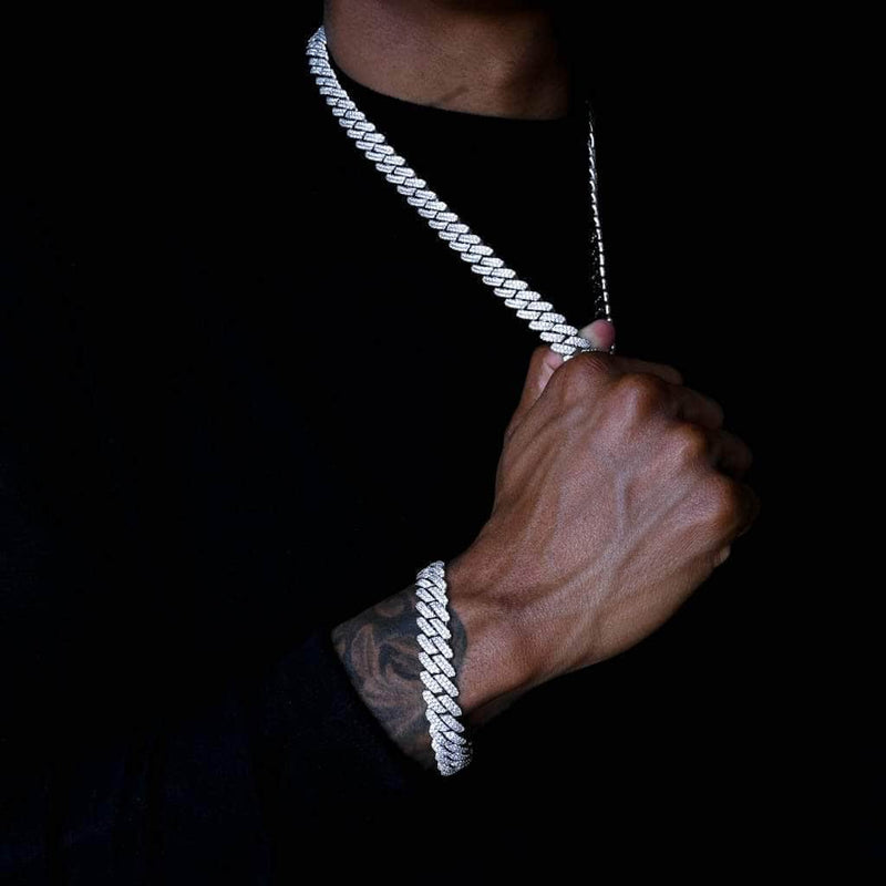 Gold Presidents Chain Bracelet Bundle 18&quot; / 7&quot; Diamond Prong Cuban Chain + Cuban Bracelet Bundle in White Gold (12mm)