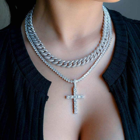 Womens Cuban Link Chain and Cross Bundle (10mm) in White Gold