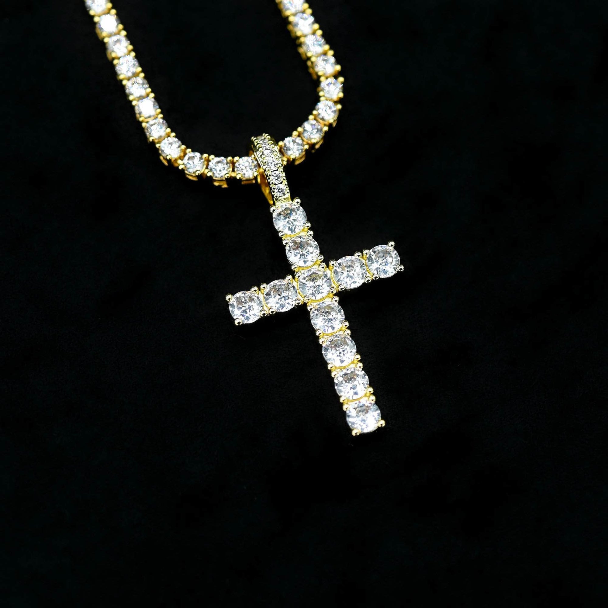 Gold Presidents Diamond Cross Pendant Yellow Gold / 16" Tennis Chain - 3mm Diamond Cross in Yellow Gold