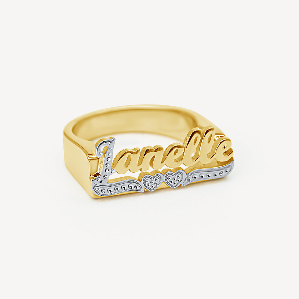 Womens Classic Gold Script Name Ring with Hearts