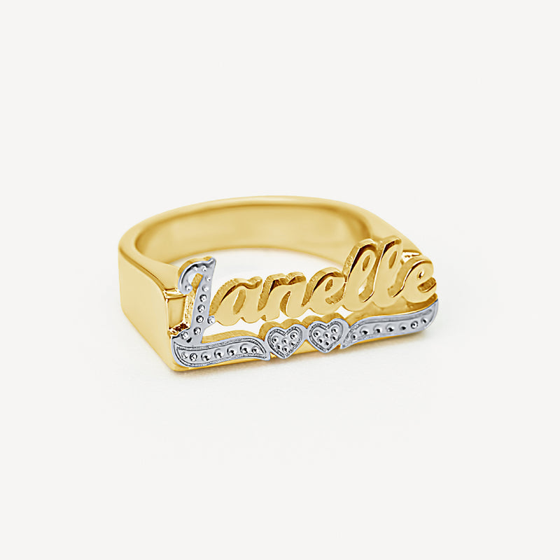Womens Classic Gold Script Name Ring with Hearts