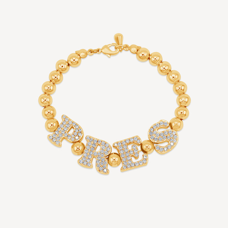 Gold Presidents Women's Tennis Bracelet Yellow Gold Custom Bubble Initial Gold Bead Bracelet