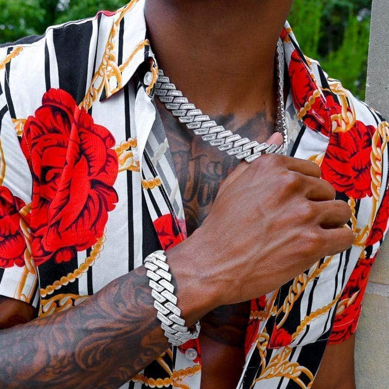 Pres Cuban Link White Gold / 18" / 7" Diamond Prong Baguette Cuban Link Chain and Bracelet Bundle (19mm)