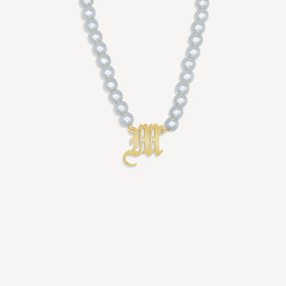 Custom Pearl Initial Necklace - Yellow Gold / A