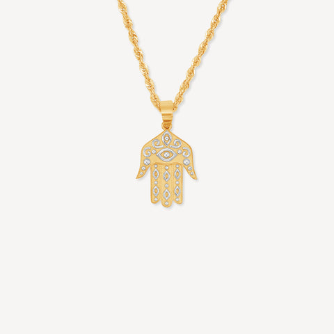 14k Solid Gold Natural Diamond Hamsa Necklace - Real Gold Hamsa Hand N –  IROLD