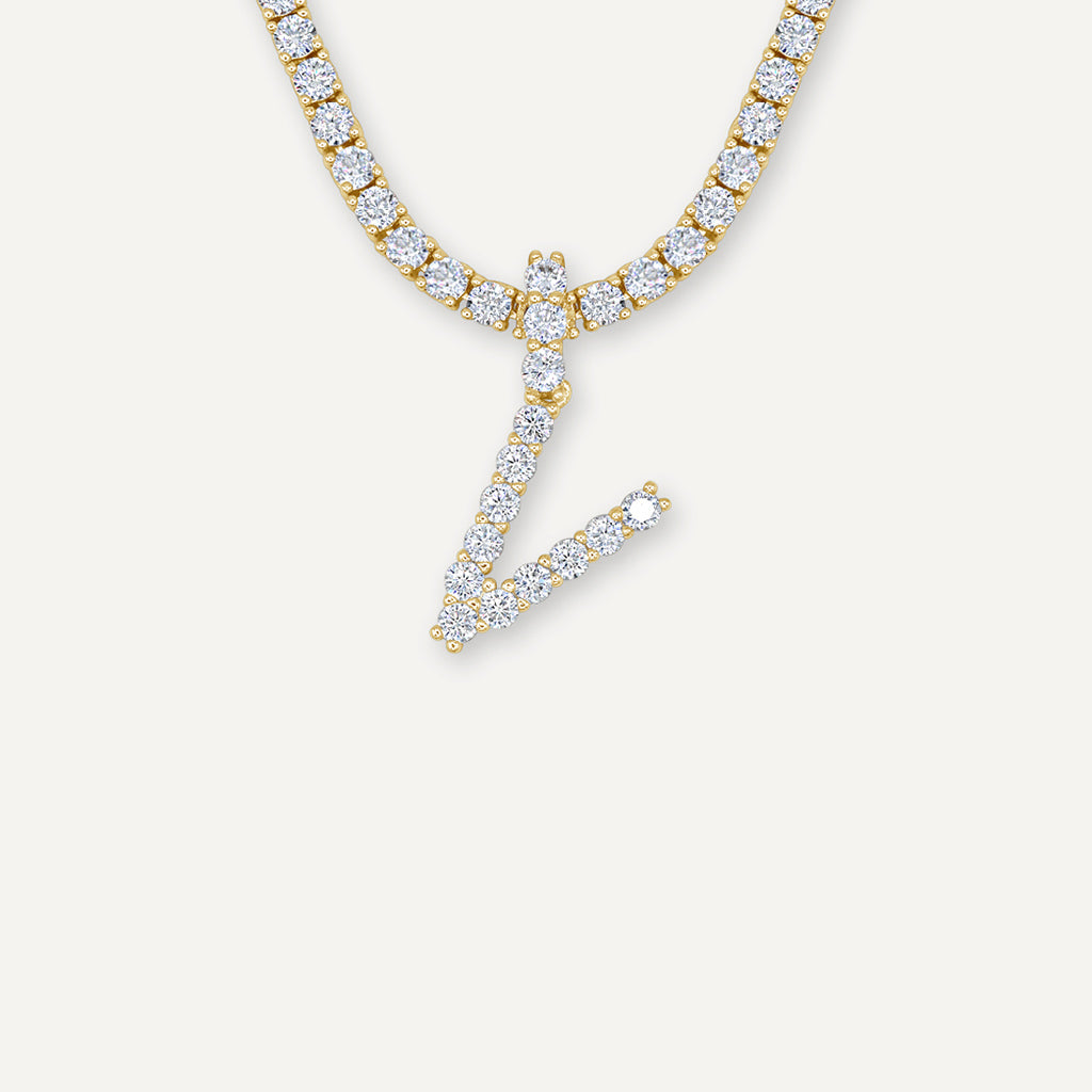 Diamond Letter Necklace & 3mm Tennis Chain Letter V in White Gold - Gold Presidents