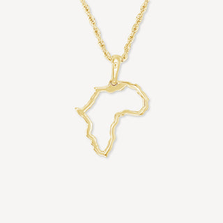 Pendentif carte de l'Afrique en or 10 carats - Or jaune 10 carats / Chaîne en corde dorée de 18 po, 1,5 mm