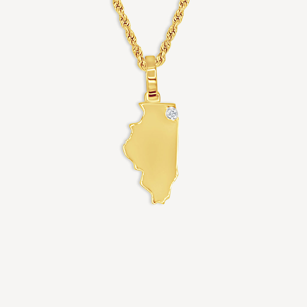 Gold Presidents 10K Gold and Diamond Pendant 10k Yellow Gold / 18" Gold 1.5mm Rope Chain / Chicago 10K Gold Illinois State Pendant