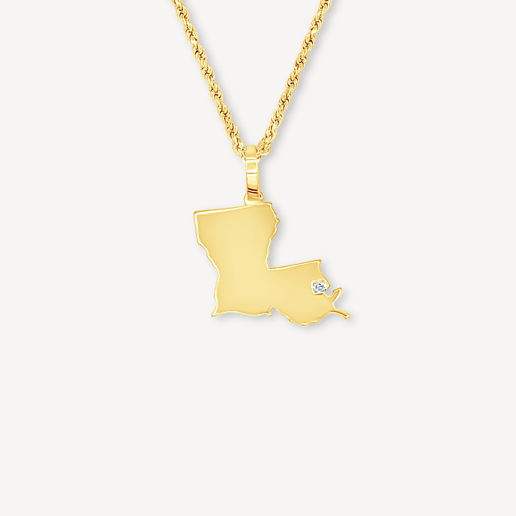 Gold Presidents 10K Gold and Diamond Pendant 10k Yellow Gold / 18" Gold 1.5mm Rope Chain / New Orleans 10K Gold Louisiana State Pendant