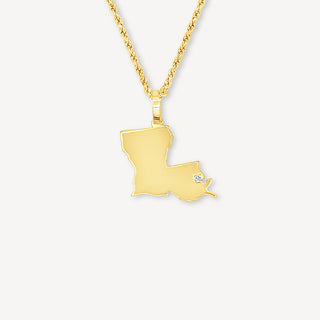 Pendentif État de Louisiane en or 10 carats - Or jaune 10 carats / Chaîne en corde dorée de 18 po, 1,5 mm / La Nouvelle Orléans