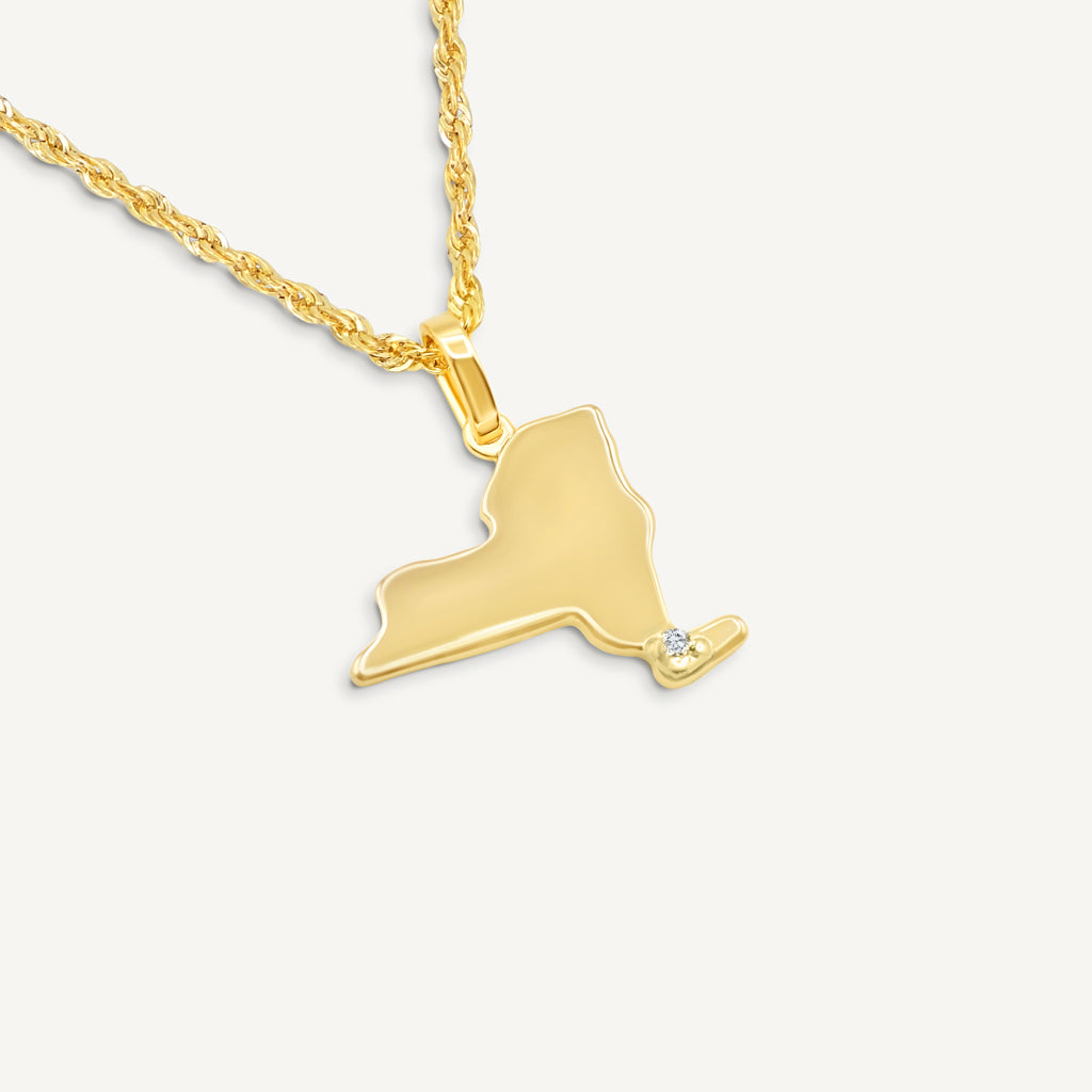Gold Presidents 10K Gold and Diamond Pendant 10k Yellow Gold / 18" Gold 1.5mm Rope Chain / New York City 10K Gold New York State Pendant