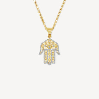 Collier main Hamsa en diamant 10 carats - Or jaune 10 carats / Chaîne en corde dorée de 18 po, 2 mm