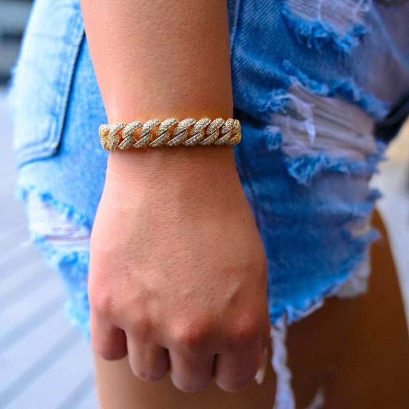 Womens Diamond Cuban Link Bracelet 10mm in Yellow Gold Gold Pres