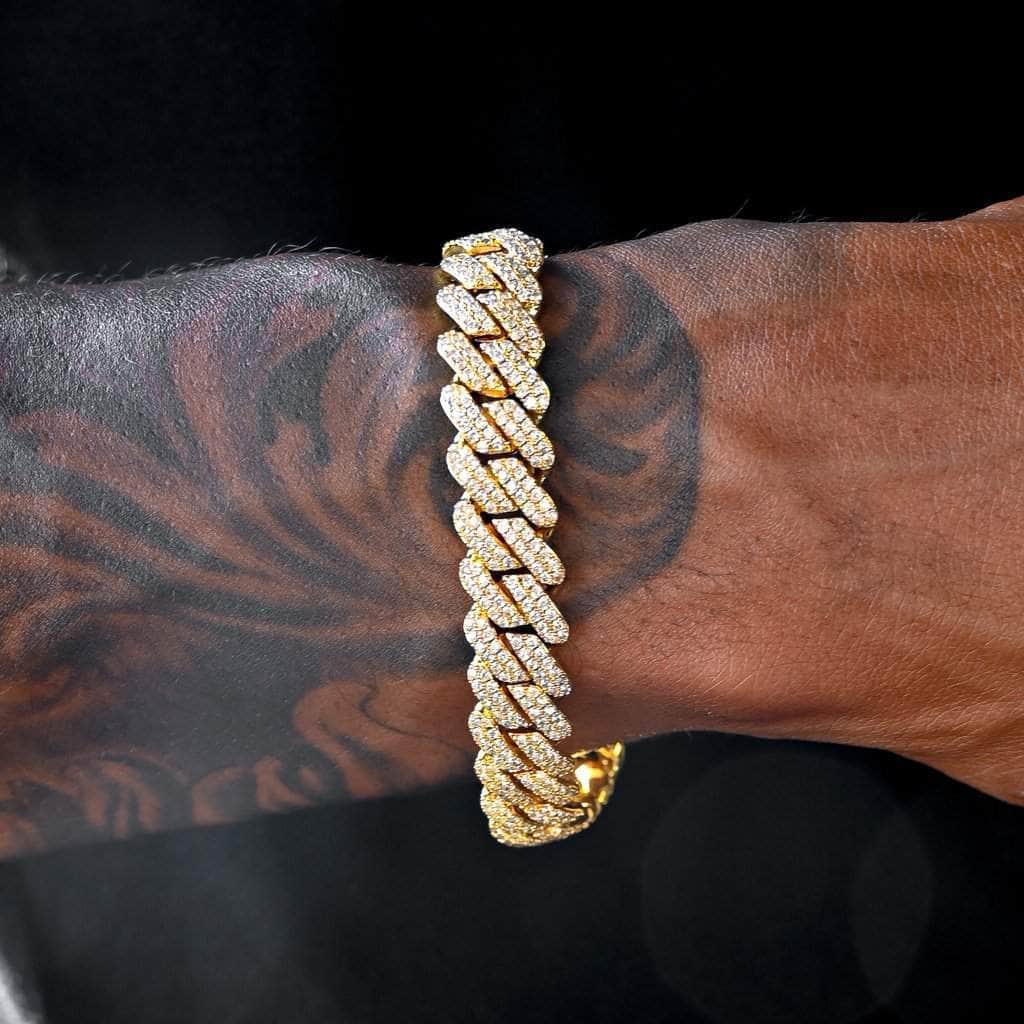 Diamond Prong Cuban Link Bracelet (12mm) in Yellow Gold - 8 Inches - Gold Presidents