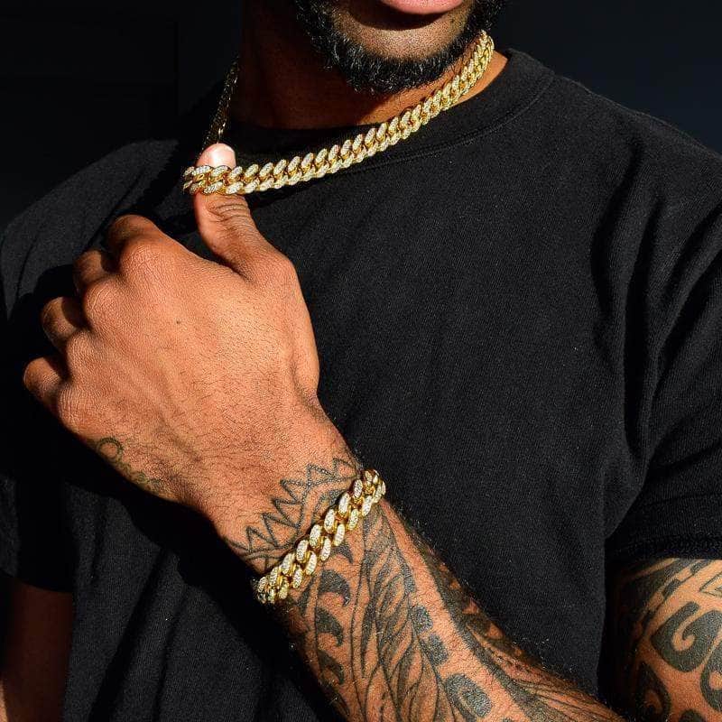 Gold Presidents Chain Bracelet Bundle 18" / 7" 12mm Diamond Cuban Link Necklace + Bracelet Bundle in Yellow Gold