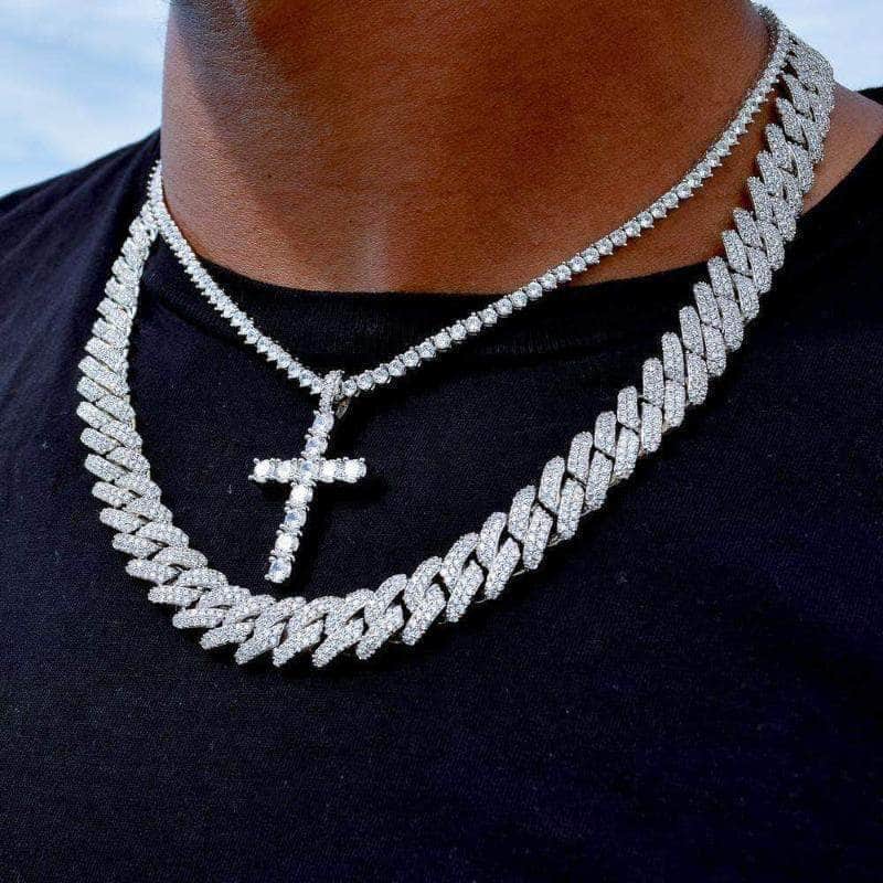 Womens Cuban Link Chain and Cross Bundle (10mm) in White Gold in White Gold with 18 Cuban + 16 Cross - Gold Presidents