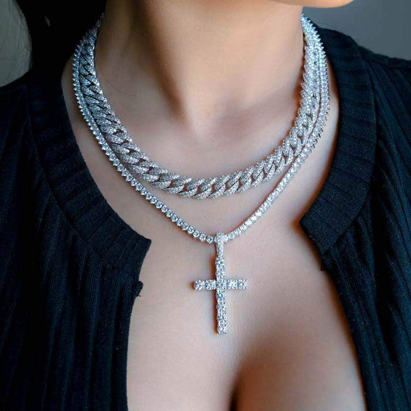 Gold Presidents Chain Bundle White Gold / 16" Cuban + 18" Cross Womens Cuban Link Chain and Cross Bundle (10mm) in White Gold