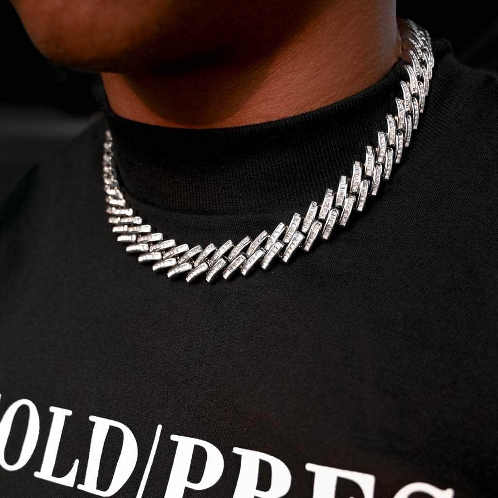 Gold Presidents Cuban Link 14k White Gold / 18&quot; Baguette Prong Cuban Link Chain (12mm) in White Gold