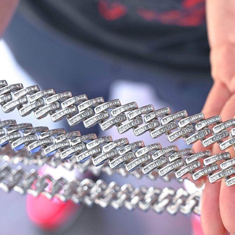 Gold Presidents Cuban Link Baguette Prong Cuban Link Chain (12mm) in White Gold