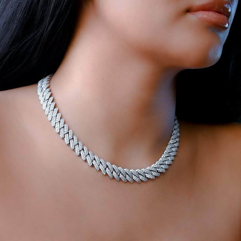 Womens Diamond Prong Cuban Link Choker (12mm) in White Gold - 18 Inches - Gold Presidents