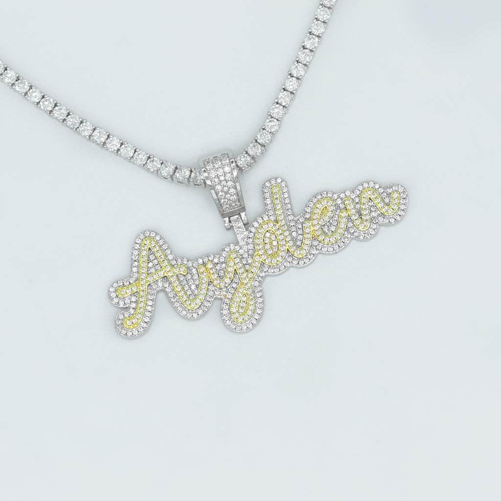 Gold Presidents Custom Name Necklace 3-Letters / 18&quot; Rope Chain - 4mm / White/Yellow Custom Pres Font Pendant