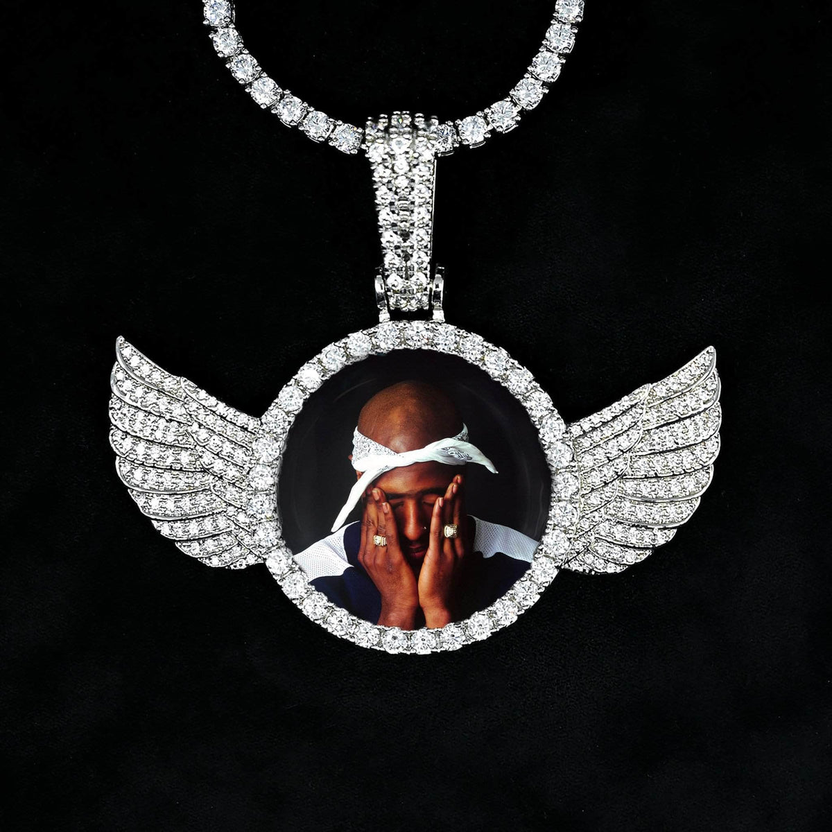 Gold Presidents Custom Picture Necklace Small Wings / Yellow Gold / 18" 4mm Rope Chain Custom Picture Pendant with Wings Necklace