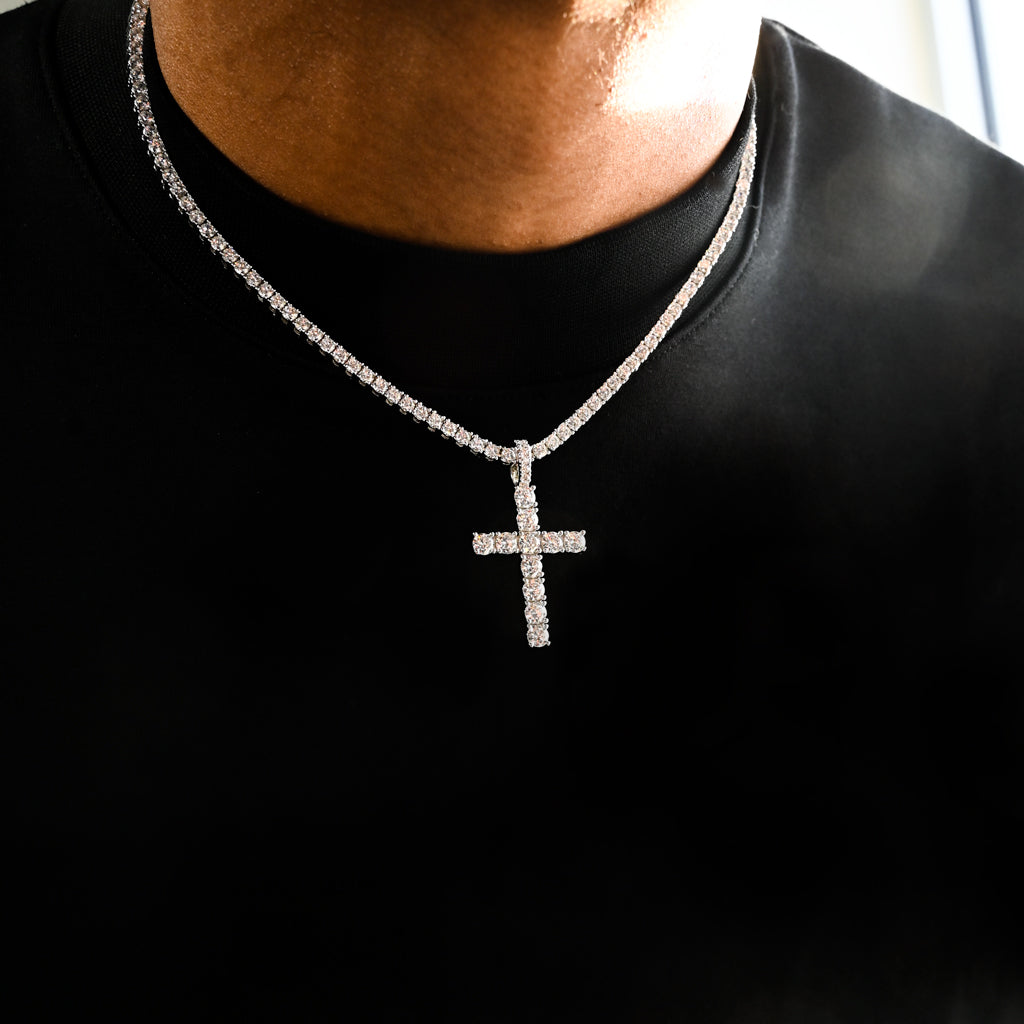 Gold Presidents Diamond Cross Pendant White Gold / 16" Tennis Chain - 3mm Diamond Cross in White Gold