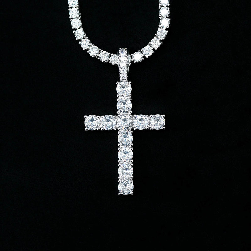 Gold Presidents Diamond Cross Pendant White Gold / 18&quot; Tennis Chain - 3mm Diamond Cross in White Gold