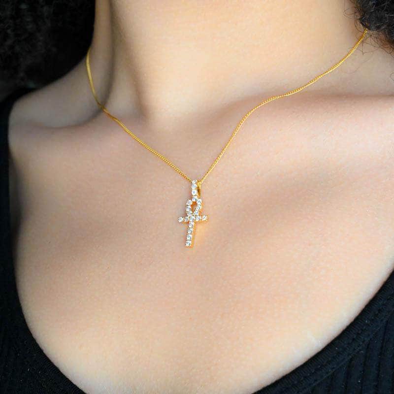 Gold Presidents Diamond Cross Pendant Womens Mini Ankh Cross Necklace