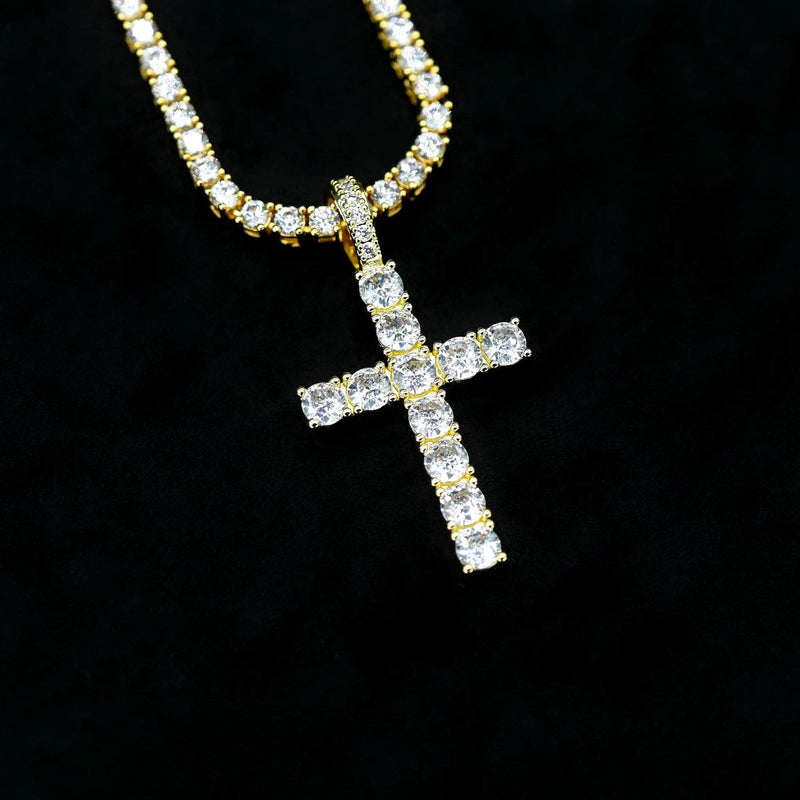 Gold Presidents Diamond Cross Pendant Yellow Gold / 16&quot; Tennis Chain - 3mm Diamond Cross in Yellow Gold
