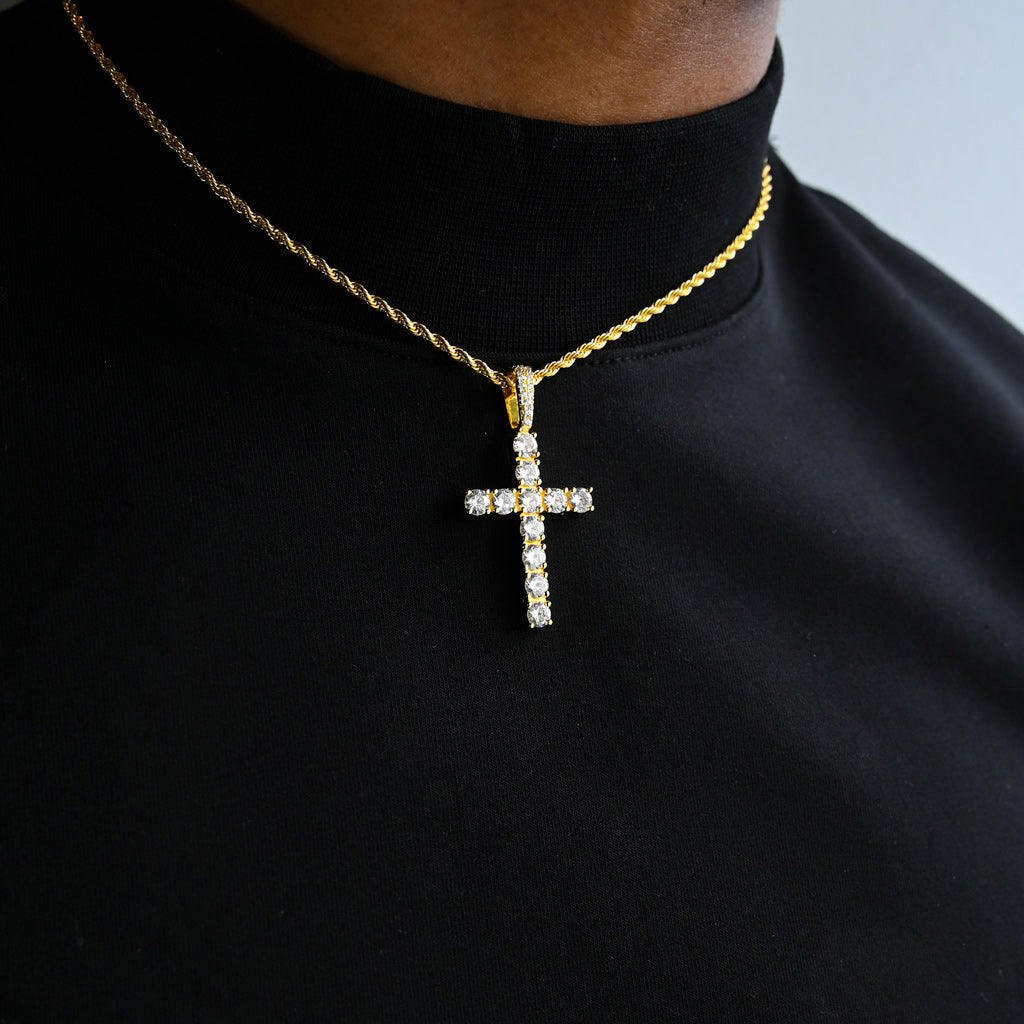 Gold Presidents Diamond Cross Pendant Yellow Gold / 18" Rope Chain - 2mm Diamond Cross in White Gold