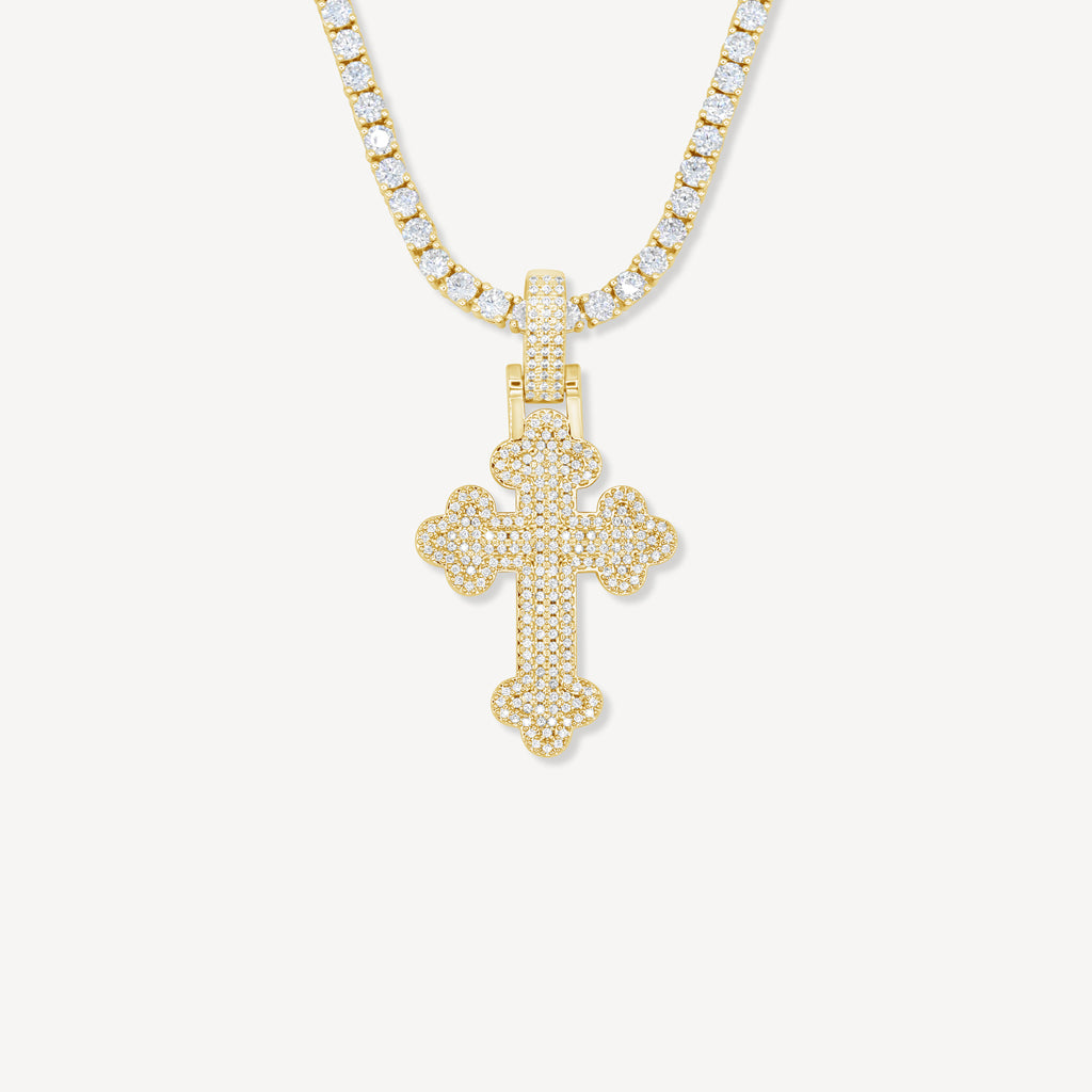 Gold Presidents Diamond Cross Pendant Yellow Gold / 18" Rope Chain - 2mm Gold Budded Cross