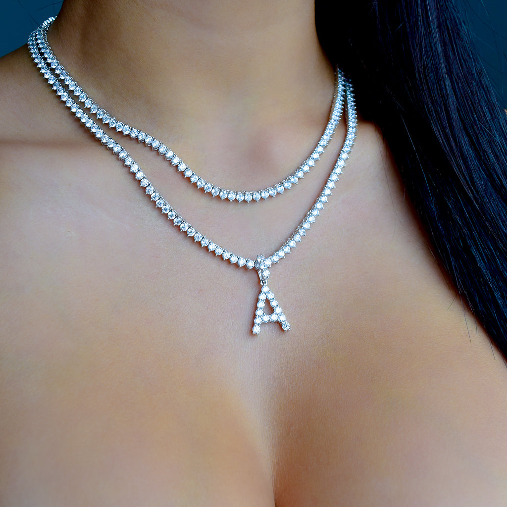 Gold Presidents Diamond Letter Necklace &amp; 3mm Tennis Chain Diamond Letter Necklace &amp; 3mm Tennis Chain