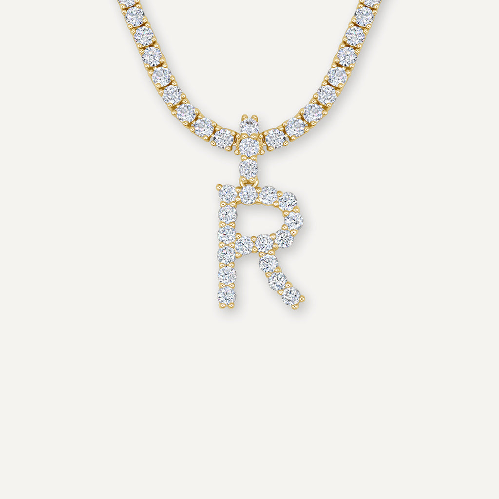 Gold Presidents Diamond Letter Necklace &amp; 3mm Tennis Chain R / White Gold Diamond Letter Necklace &amp; 3mm Tennis Chain