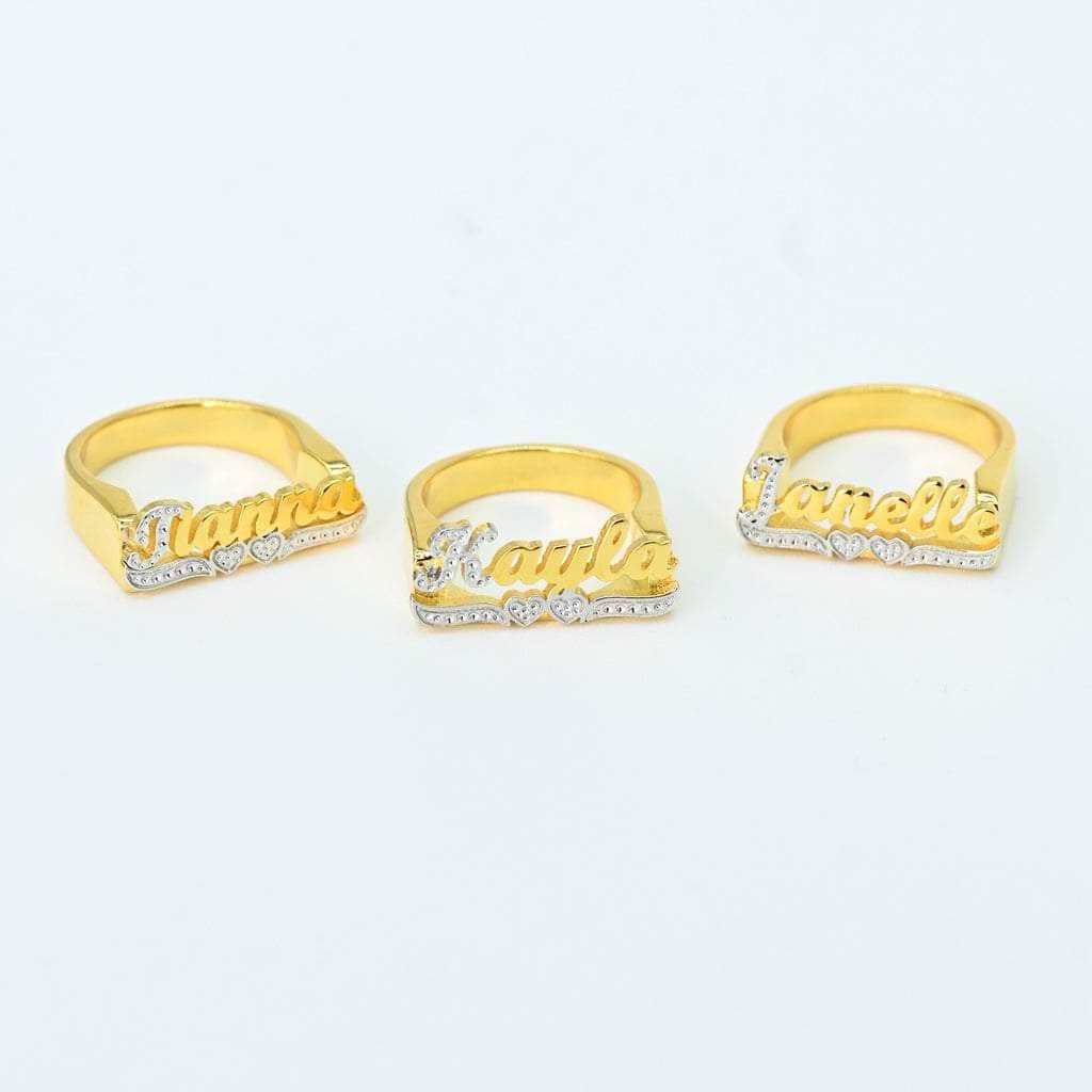 Gold Presidents Diamond Ring Womens Classic Gold Script Name Ring with Hearts