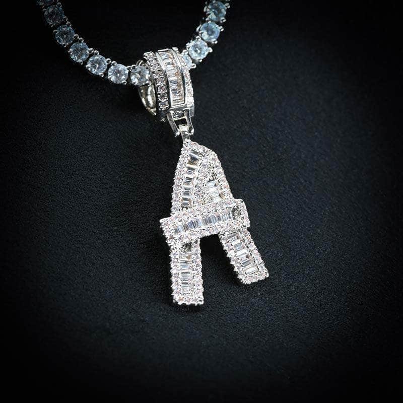 Gold Presidents Initial Necklace A / White Gold (Pendant Only) Single Baguette Letter Pendant