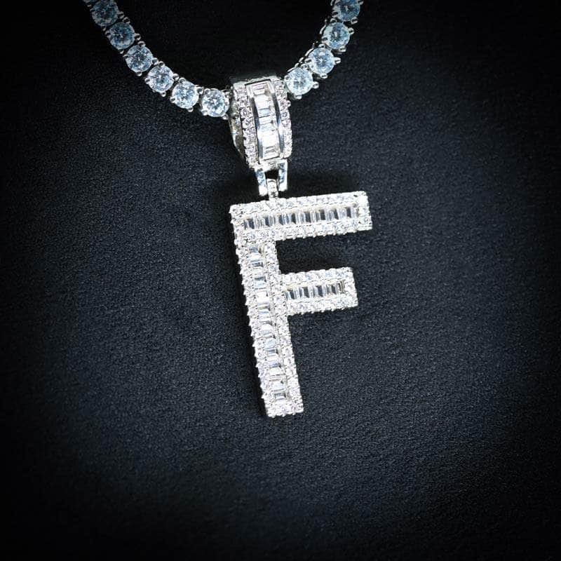 Gold Presidents Initial Necklace F / White Gold (Pendant Only) Single Baguette Letter Pendant