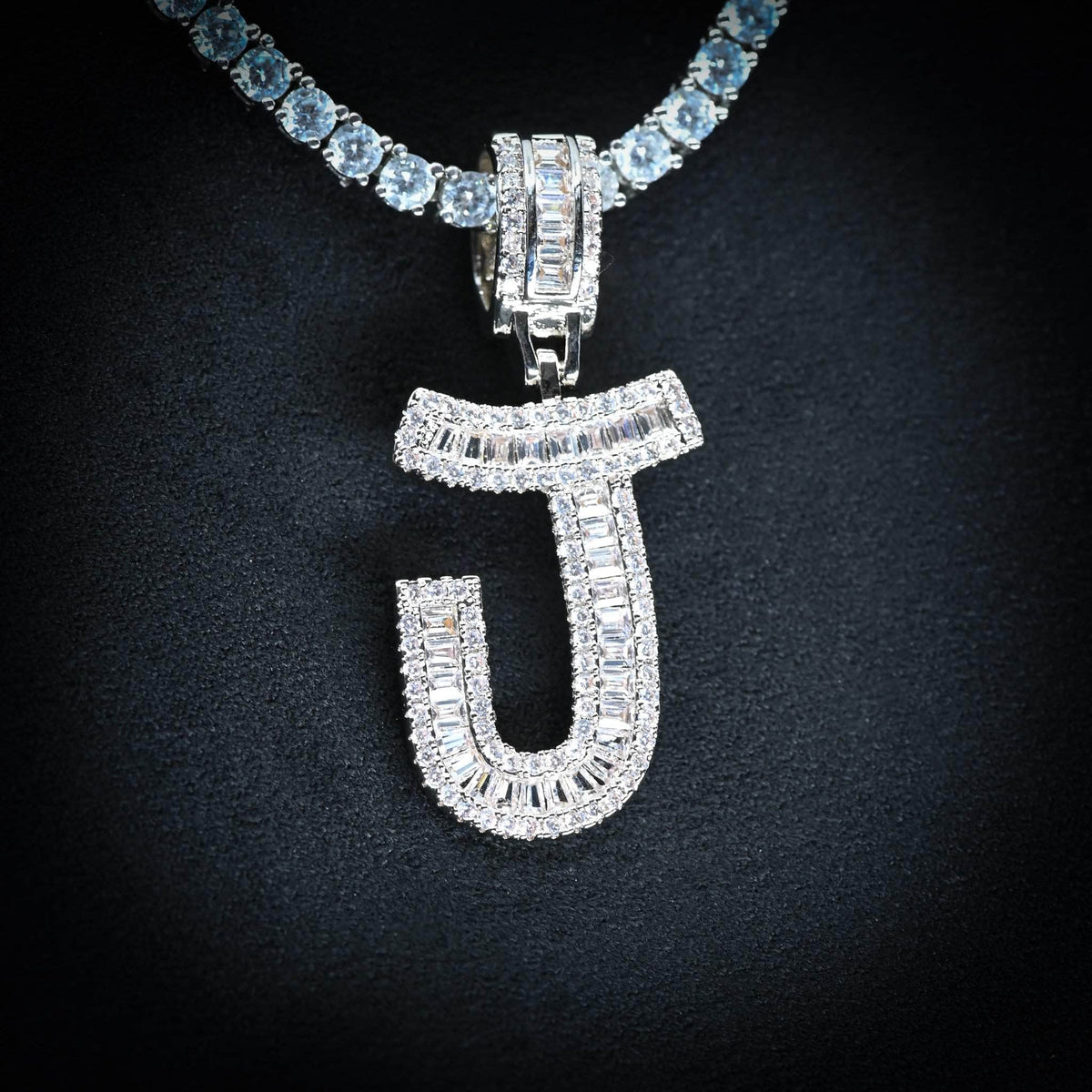 Gold Presidents Initial Necklace J / White Gold (Pendant Only) Single Baguette Letter Pendant