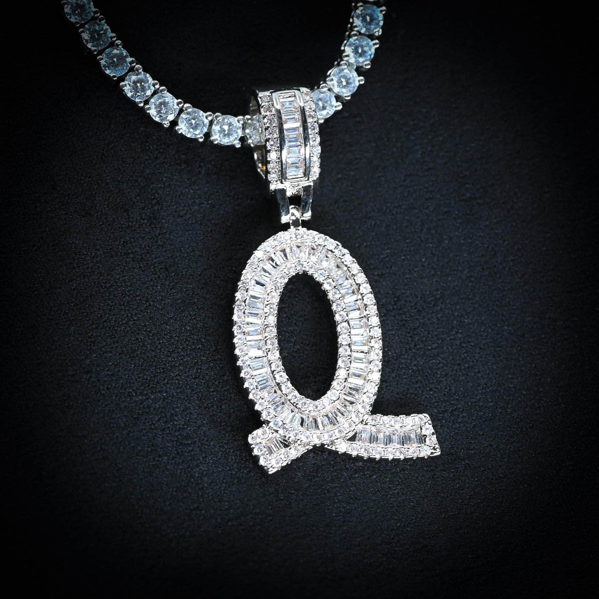 Gold Presidents Initial Necklace Q / White Gold (Pendant Only) Single Baguette Letter Pendant