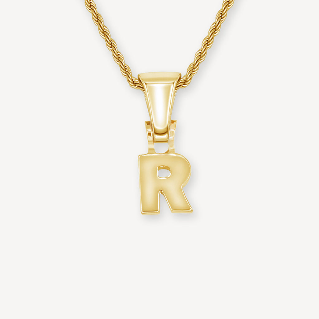 Gold Presidents Initial Necklace R / 18" Rope Chain - 2mm Yellow Gold Block Letter Necklace