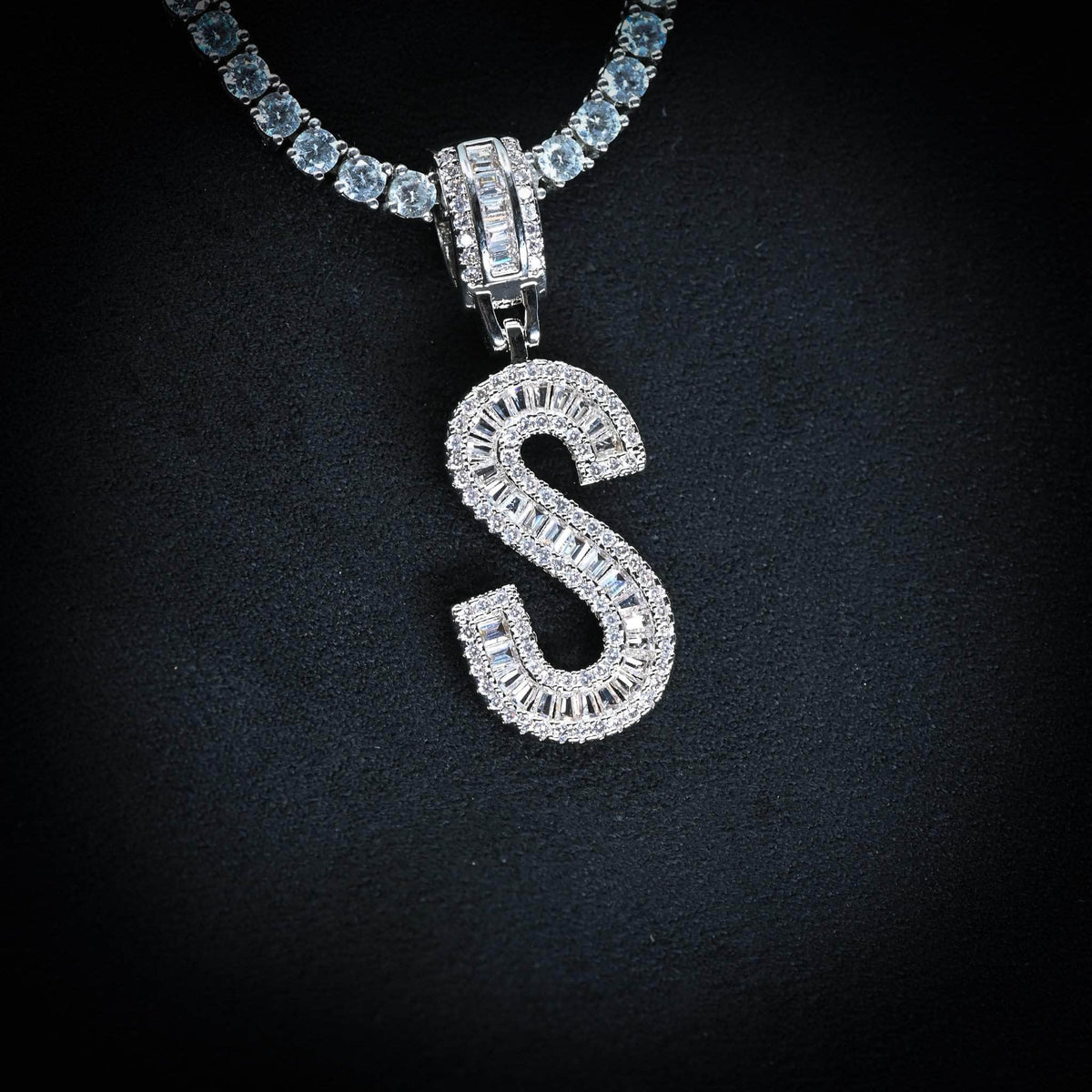 Gold Presidents Initial Necklace S / White Gold (Pendant Only) Single Baguette Letter Pendant