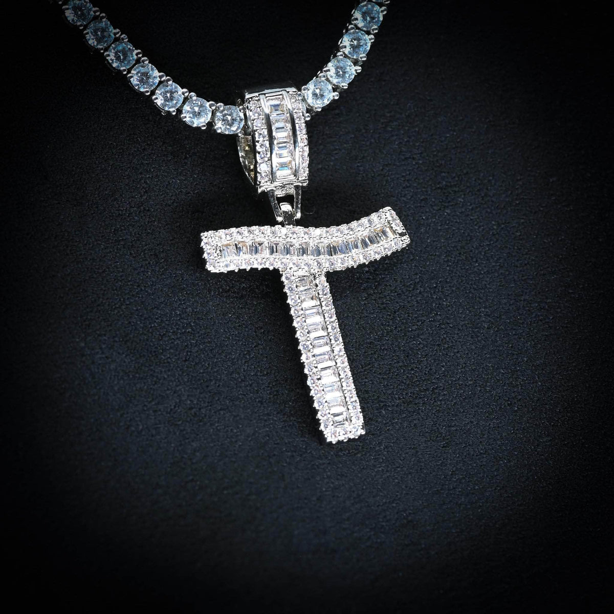 Gold Presidents Initial Necklace T / White Gold (Pendant Only) Single Baguette Letter Pendant