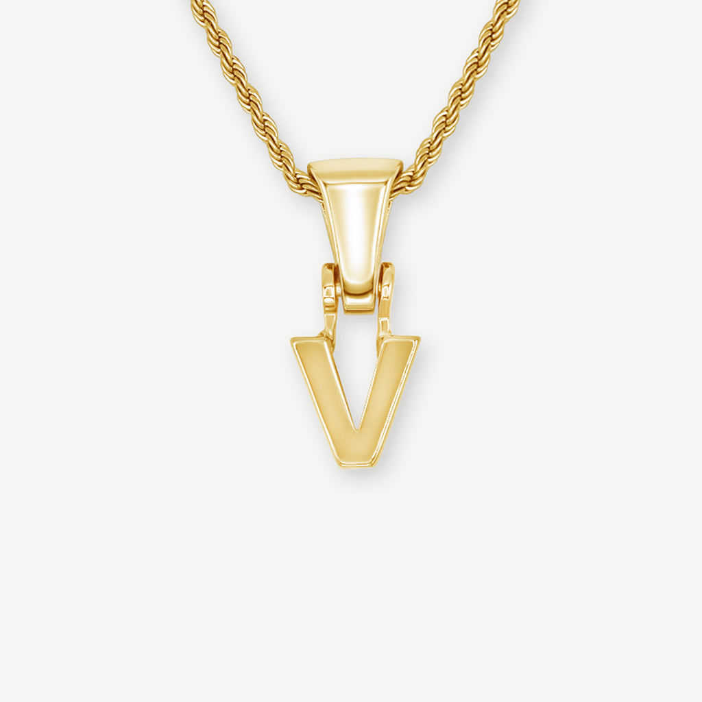 Gold Presidents Initial Necklace V / 18" Rope Chain - 2mm Yellow Gold Block Letter Necklace
