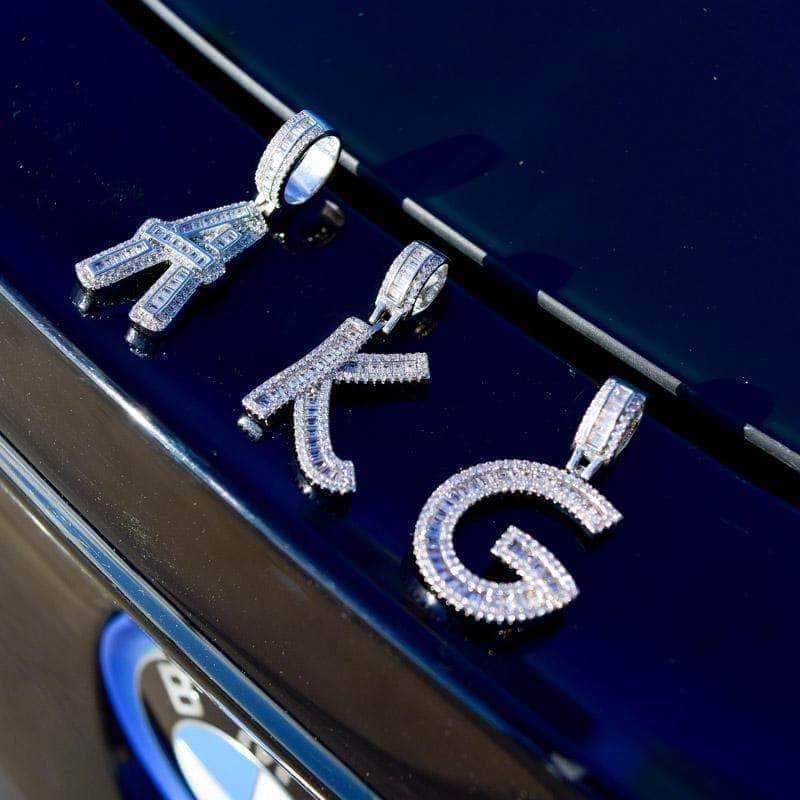 Gold Presidents Initial Necklace V / White Gold (Pendant Only) Single Baguette Letter Pendant