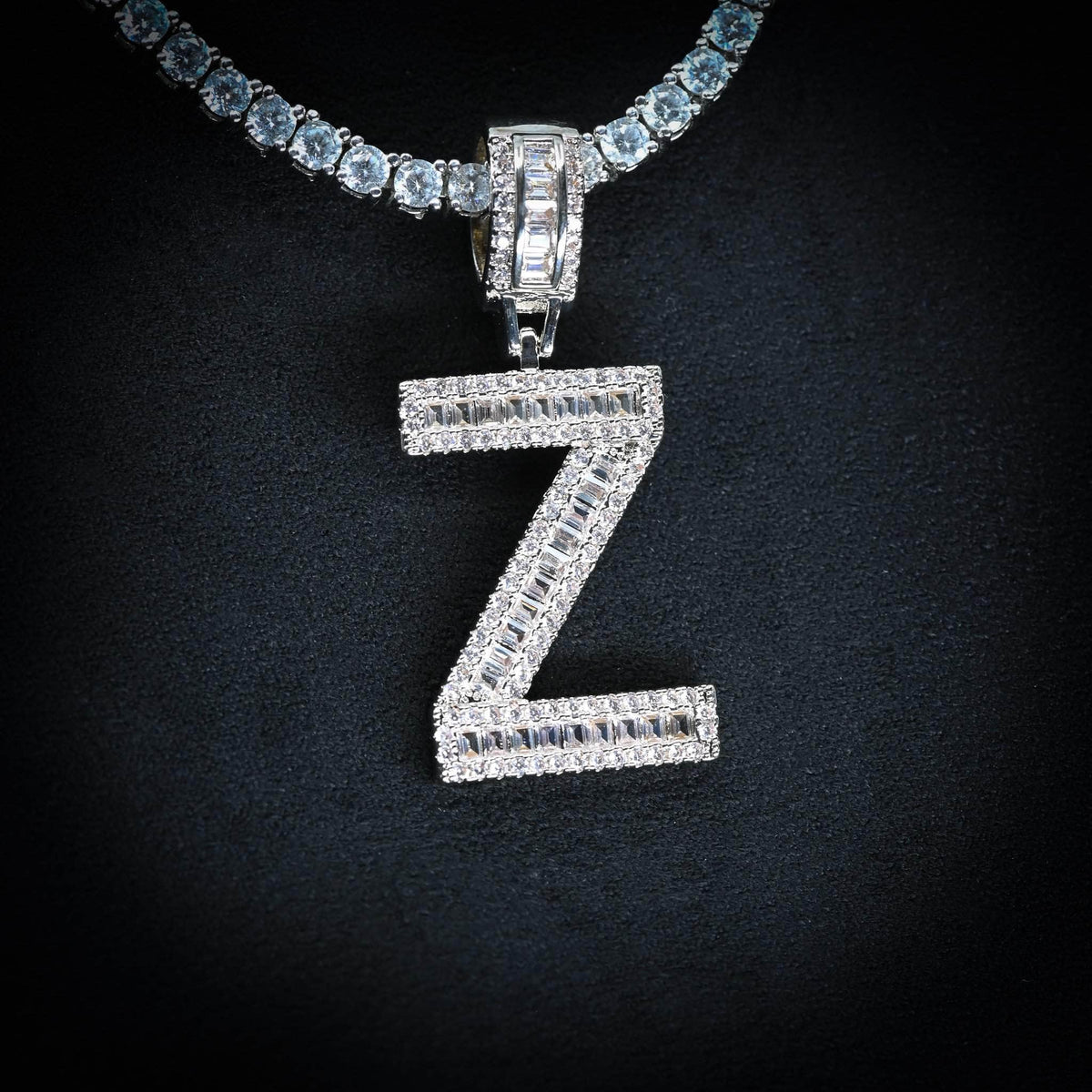Gold Presidents Initial Necklace Z / White Gold (Pendant Only) Single Baguette Letter Pendant