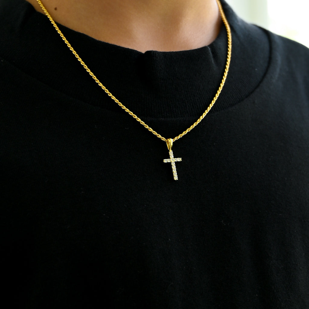 Gold Presidents Mini Diamond Pendant Sterling Silver / White Gold / 14" Rope Chain Kids Small Cross Necklace