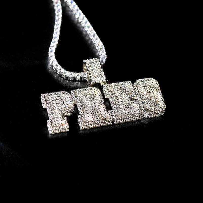 Gold Presidents Pendant White Gold / 18&quot; 3mm Tennis Chain / 3-Letters Custom Varsity Name Necklace